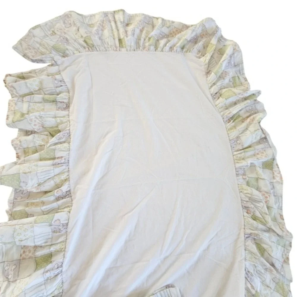 Vtg Boyds Bears Fitted Sheet & Crib Skirt Ruffled Patchwork Pastel Sheep Bedding